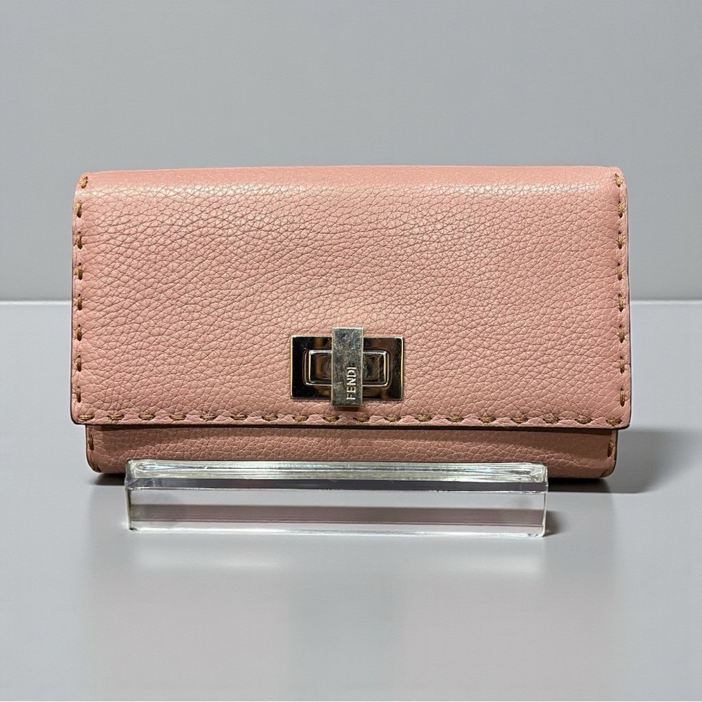 Fendi Pink Pebbled Leather Continental Wallet with Turnlock & Contrast Stitching